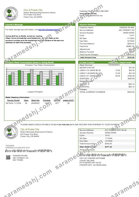 USA California City of Foster City business utility bill template in Word and PDF formats
